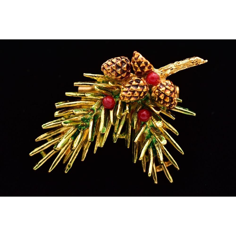 ART Vintage Christmas Pinecone Brooch Gold Red Berry Evergreen Branch Pin BinBI